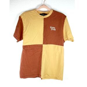 Teddy Fresh Unisex Color Block T-Shirt Brown Tan Checkered Panels Size Small